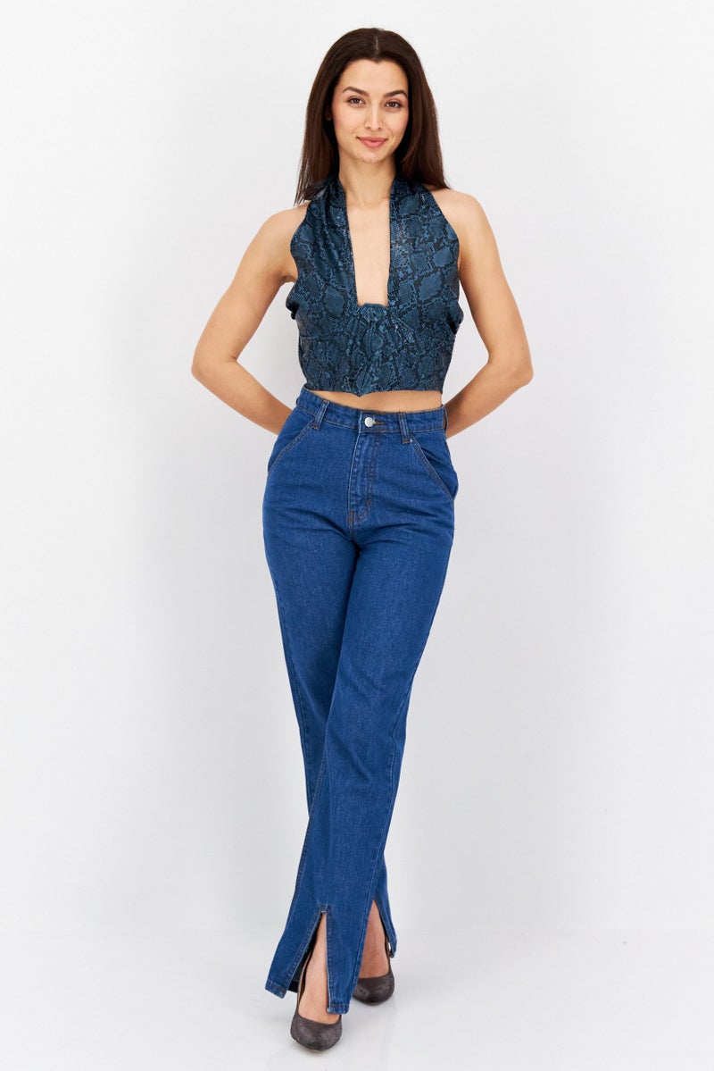 Missguided Women Halter Neck Sleeveless Snakeskin Crop Top, Teal Blue - Image 4